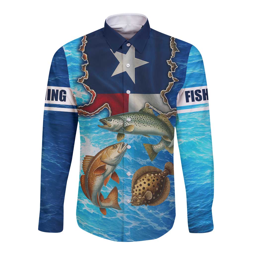 Texas Flag Fishing Long Sleeve Button Shirt with Ocean Fish Graphic and Blue Water Background - Wonder Print Shop