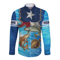 Texas Flag Fishing Long Sleeve Button Shirt with Ocean Fish Graphic and Blue Water Background - Wonder Print Shop