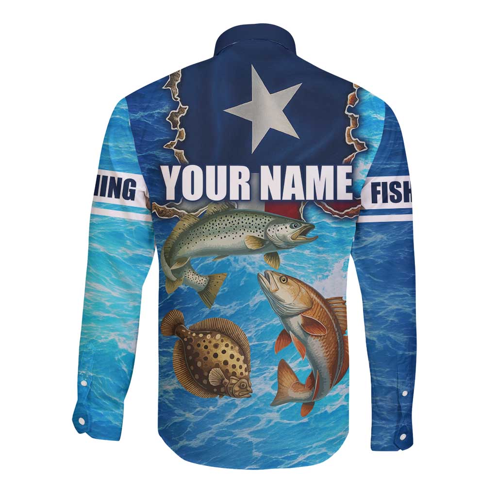 Texas Flag Fishing Long Sleeve Button Shirt with Ocean Fish Graphic and Blue Water Background - Wonder Print Shop