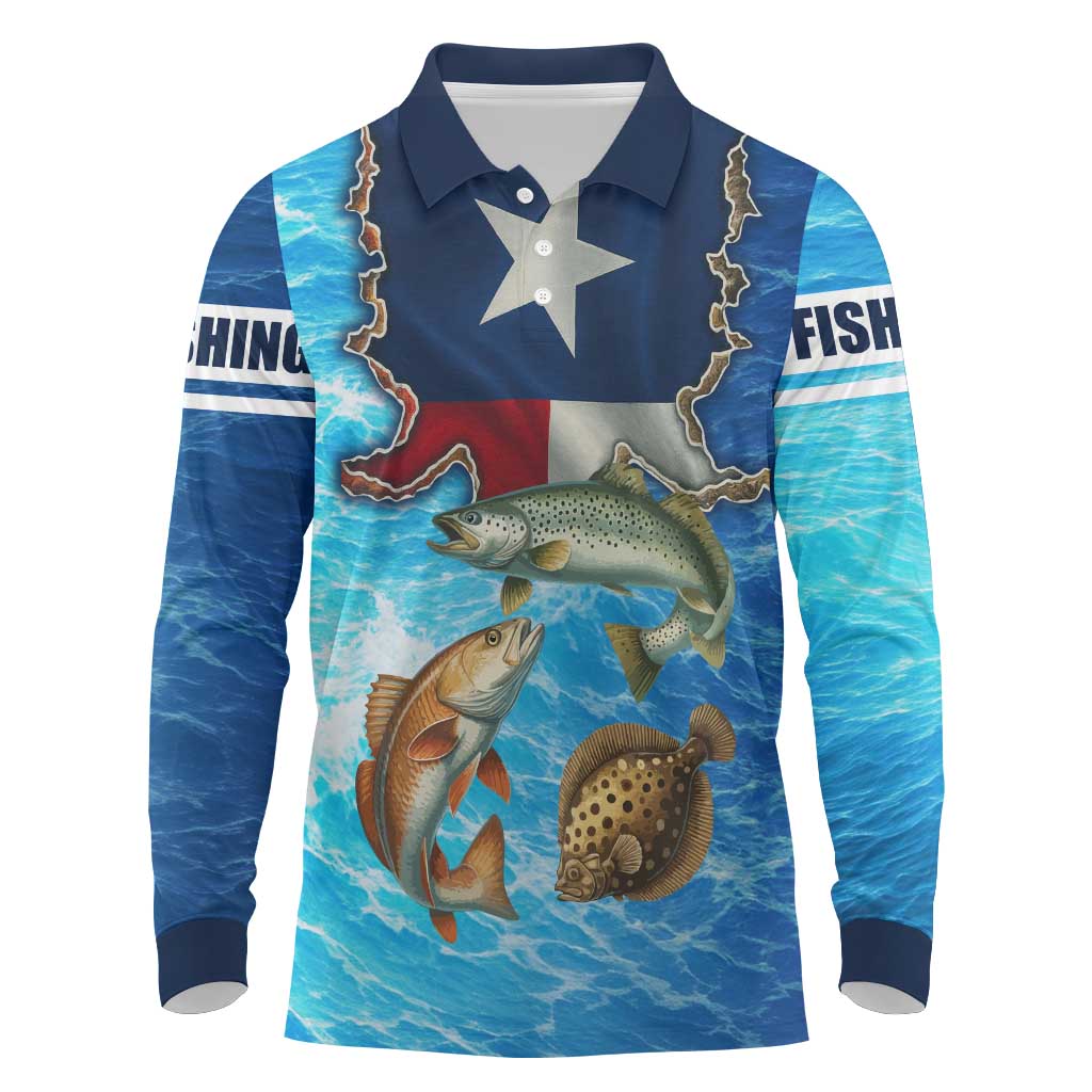 Texas Flag Fishing Long Sleeve Polo Shirt with Ocean Fish Graphic and Blue Water Background - Wonder Print Shop