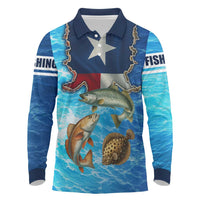 Texas Flag Fishing Long Sleeve Polo Shirt with Ocean Fish Graphic and Blue Water Background - Wonder Print Shop