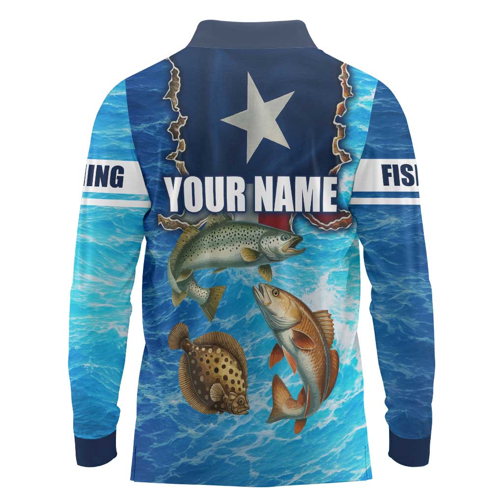 Texas Flag Fishing Long Sleeve Polo Shirt with Ocean Fish Graphic and Blue Water Background - Wonder Print Shop