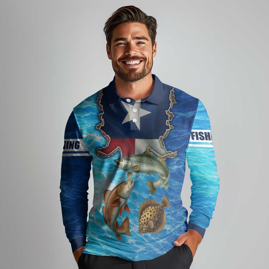 Texas Flag Fishing Long Sleeve Polo Shirt with Ocean Fish Graphic and Blue Water Background - Wonder Print Shop