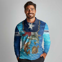 Texas Flag Fishing Long Sleeve Polo Shirt with Ocean Fish Graphic and Blue Water Background - Wonder Print Shop