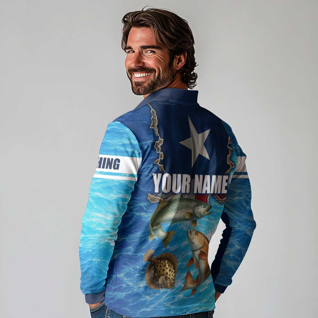 Texas Flag Fishing Long Sleeve Polo Shirt with Ocean Fish Graphic and Blue Water Background - Wonder Print Shop
