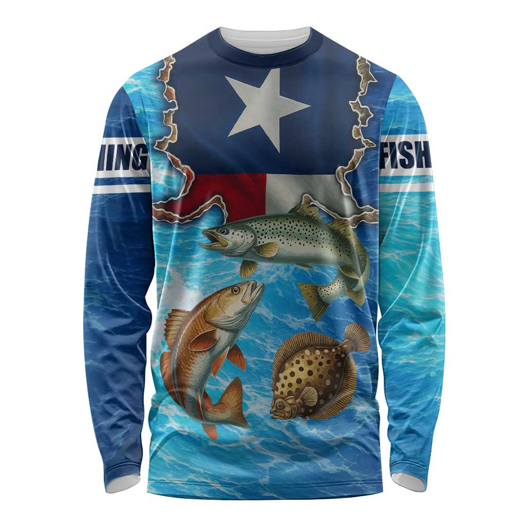 Texas Flag Fishing Long Sleeve Shirt with Ocean Fish Graphic and Blue Water Background - Wonder Print Shop