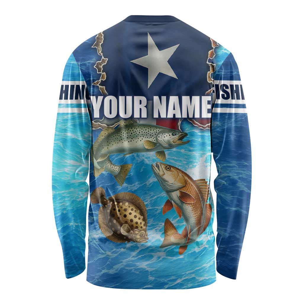 Texas Flag Fishing Long Sleeve Shirt with Ocean Fish Graphic and Blue Water Background - Wonder Print Shop
