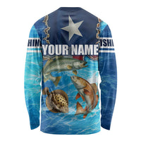 Texas Flag Fishing Long Sleeve Shirt with Ocean Fish Graphic and Blue Water Background - Wonder Print Shop