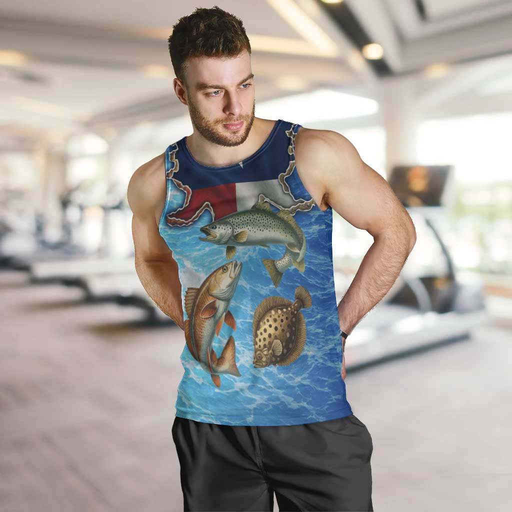 Texas Flag Fishing Men Tank Top with Ocean Fish Graphic and Blue Water Background - Wonder Print Shop