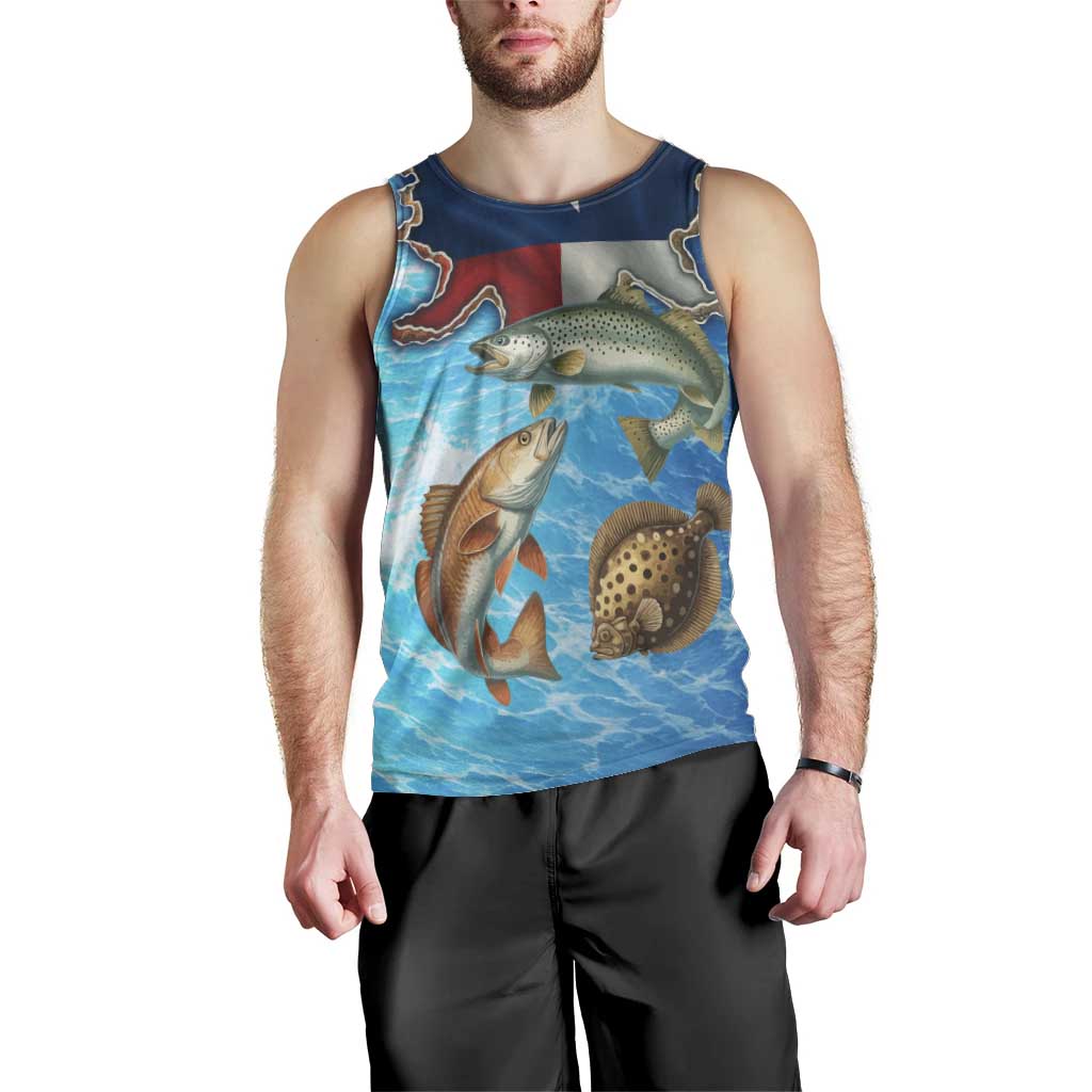 Texas Flag Fishing Men Tank Top with Ocean Fish Graphic and Blue Water Background - Wonder Print Shop
