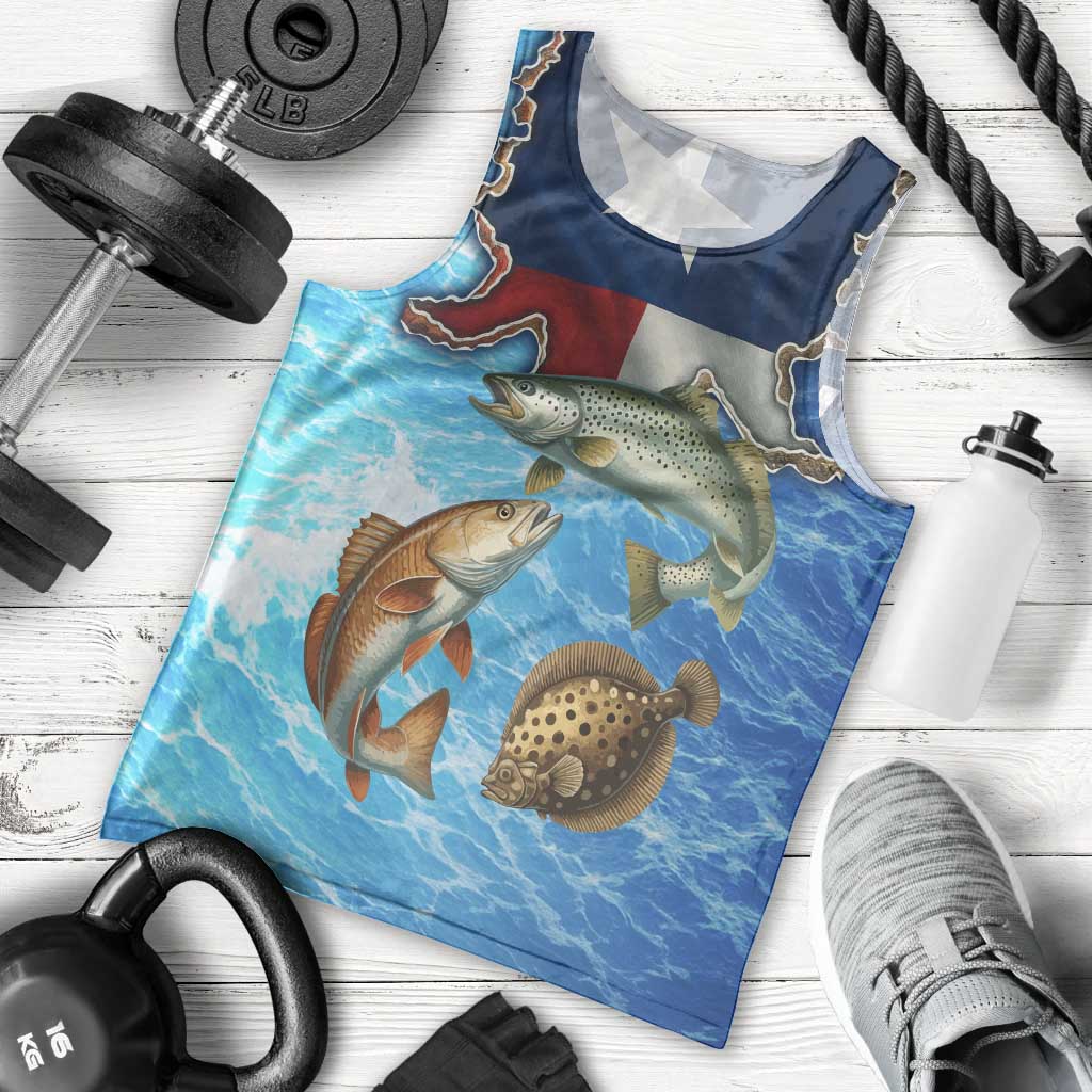 Texas Flag Fishing Men Tank Top with Ocean Fish Graphic and Blue Water Background - Wonder Print Shop