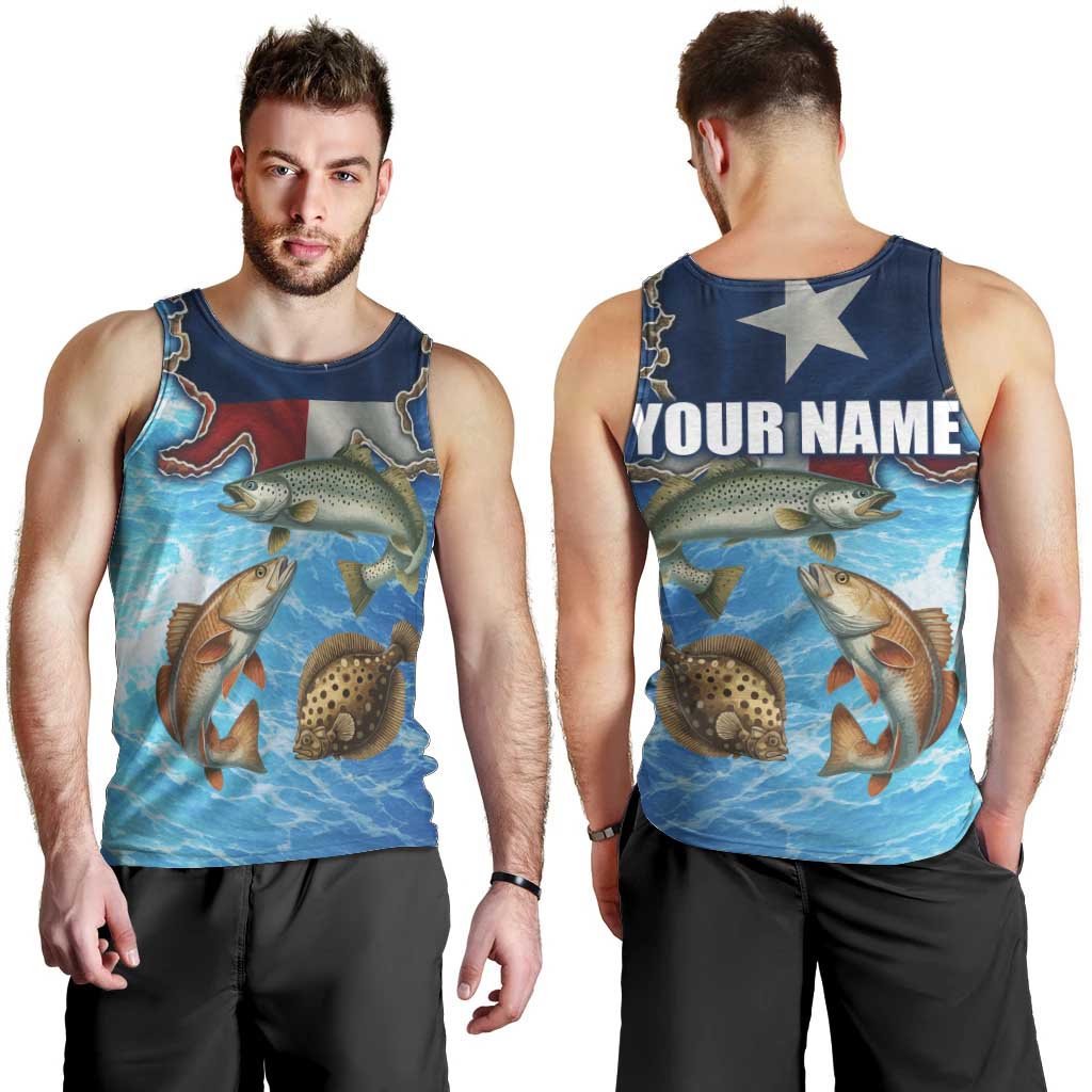 Texas Flag Fishing Men Tank Top with Ocean Fish Graphic and Blue Water Background - Wonder Print Shop