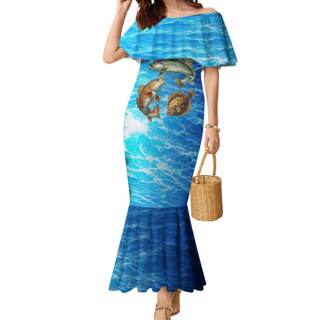 Texas Flag Fishing Mermaid Dress with Ocean Fish Graphic and Blue Water Background - Wonder Print Shop