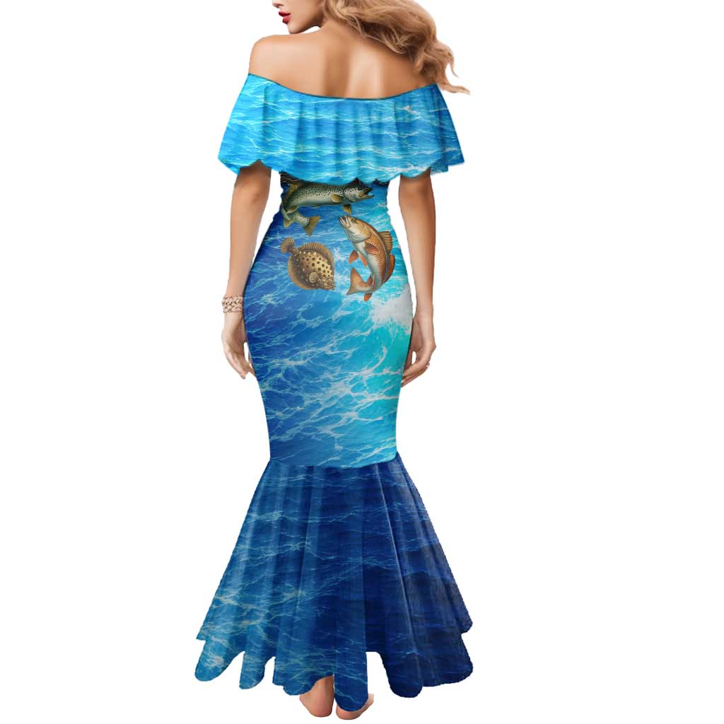 Texas Flag Fishing Mermaid Dress with Ocean Fish Graphic and Blue Water Background - Wonder Print Shop