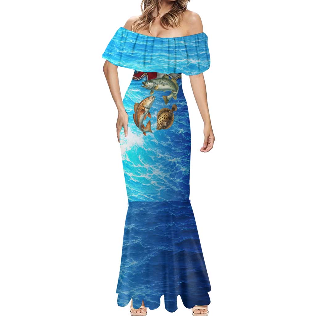 Texas Flag Fishing Mermaid Dress with Ocean Fish Graphic and Blue Water Background - Wonder Print Shop