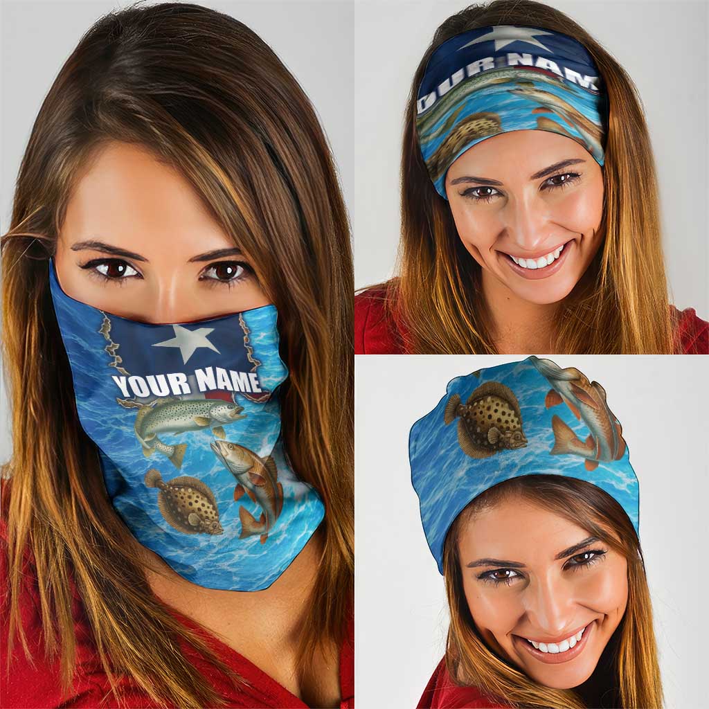 Texas Flag Fishing Neck Gaiter with Ocean Fish Graphic and Blue Water Background TS04