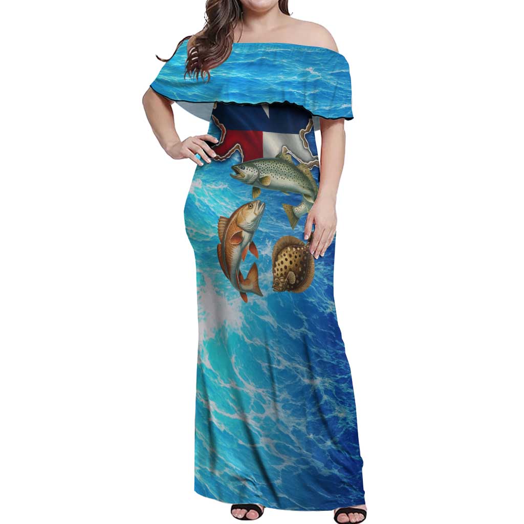Texas Flag Fishing Off Shoulder Maxi Dress with Ocean Fish Graphic and Blue Water Background - Wonder Print Shop