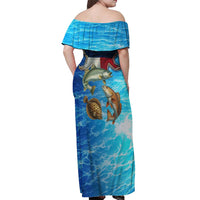 Texas Flag Fishing Off Shoulder Maxi Dress with Ocean Fish Graphic and Blue Water Background - Wonder Print Shop