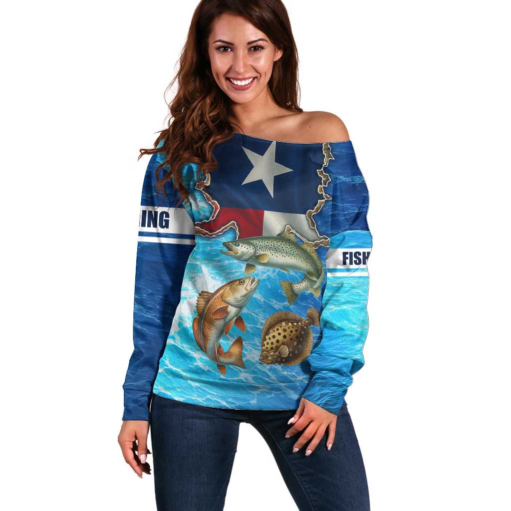 Texas Flag Fishing Off Shoulder Sweater with Ocean Fish Graphic and Blue Water Background - Wonder Print Shop