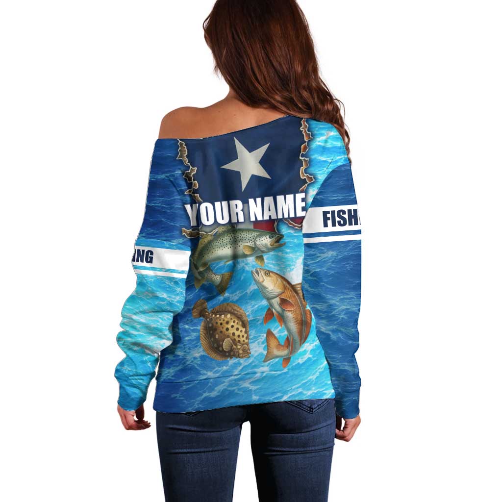 Texas Flag Fishing Off Shoulder Sweater with Ocean Fish Graphic and Blue Water Background - Wonder Print Shop
