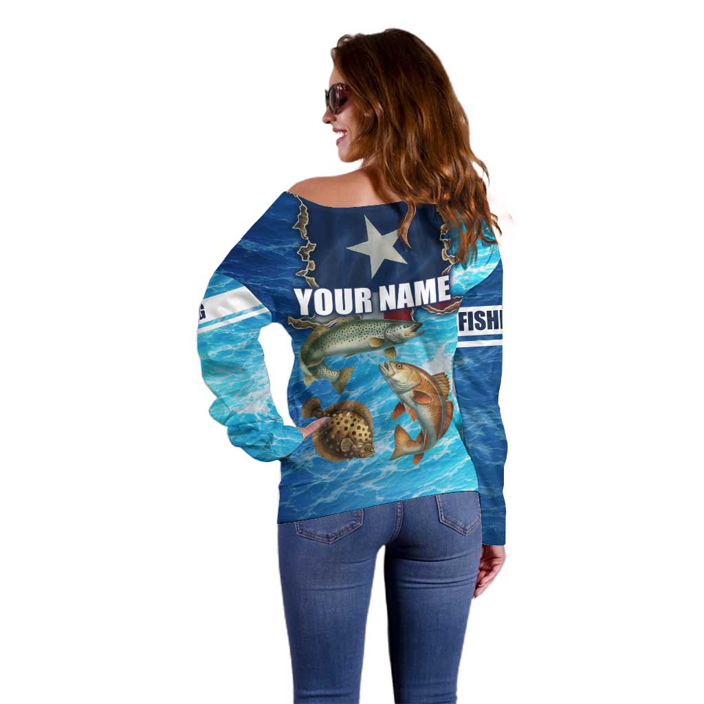 Texas Flag Fishing Off Shoulder Sweater with Ocean Fish Graphic and Blue Water Background - Wonder Print Shop