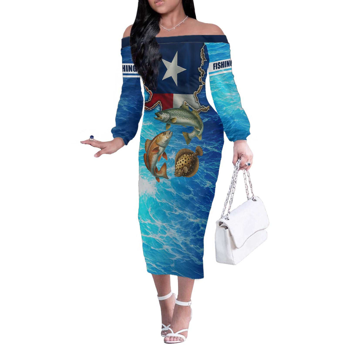 Texas Flag Fishing Off The Shoulder Long Sleeve Dress with Ocean Fish Graphic and Blue Water Background - Wonder Print Shop