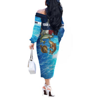 Texas Flag Fishing Off The Shoulder Long Sleeve Dress with Ocean Fish Graphic and Blue Water Background - Wonder Print Shop