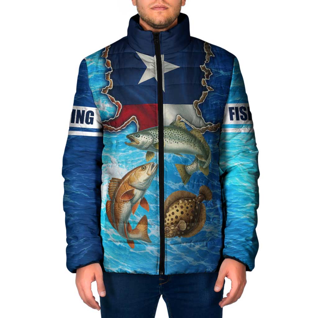 Texas Flag Fishing Padded Jacket with Ocean Fish Graphic and Blue Water Background - Wonder Print Shop