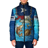 Texas Flag Fishing Padded Jacket with Ocean Fish Graphic and Blue Water Background - Wonder Print Shop