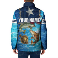 Texas Flag Fishing Padded Jacket with Ocean Fish Graphic and Blue Water Background - Wonder Print Shop