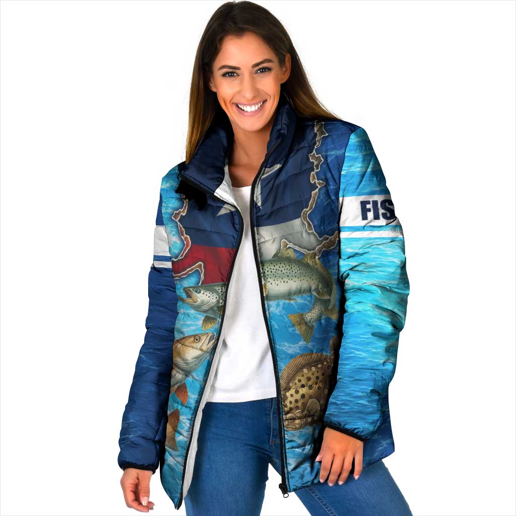 Texas Flag Fishing Padded Jacket with Ocean Fish Graphic and Blue Water Background - Wonder Print Shop