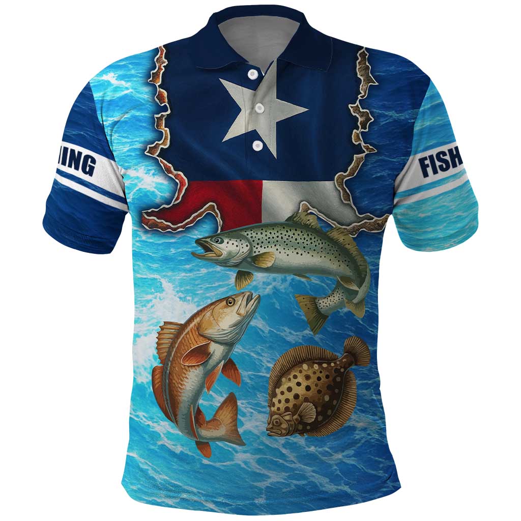 Texas Flag Fishing Polo Shirt with Ocean Fish Graphic and Blue Water Background - Wonder Print Shop