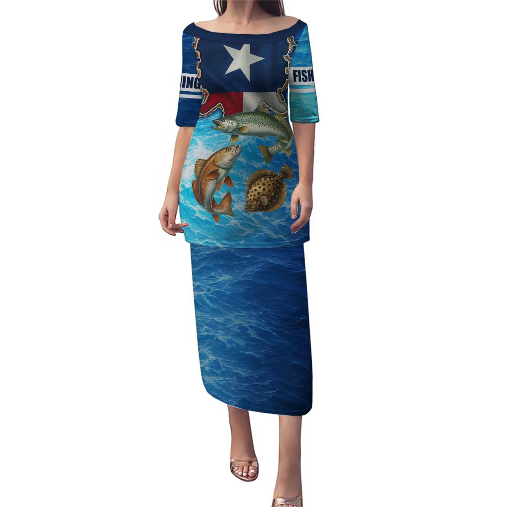 Texas Flag Fishing Puletasi with Ocean Fish Graphic and Blue Water Background - Wonder Print Shop