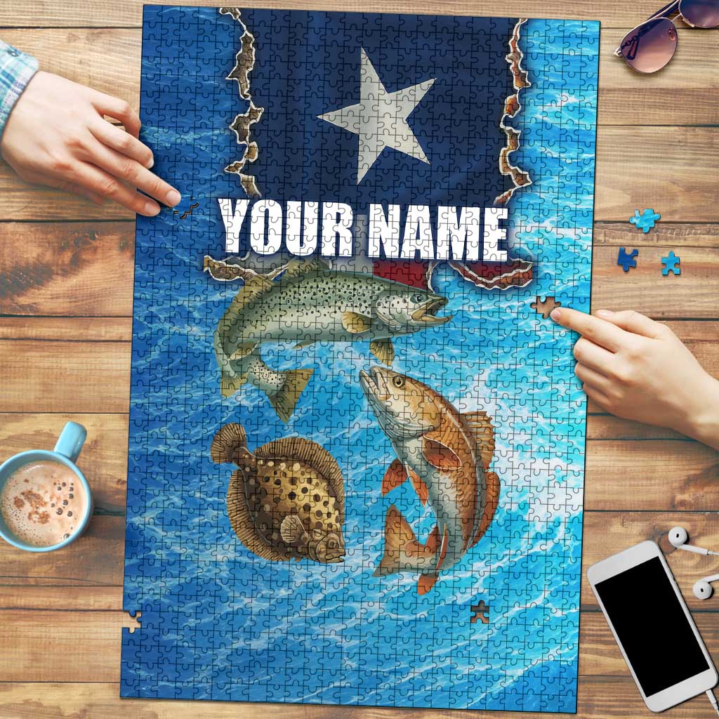 Texas Flag Fishing Puzzle with Ocean Fish Graphic and Blue Water Background - Wonder Print Shop