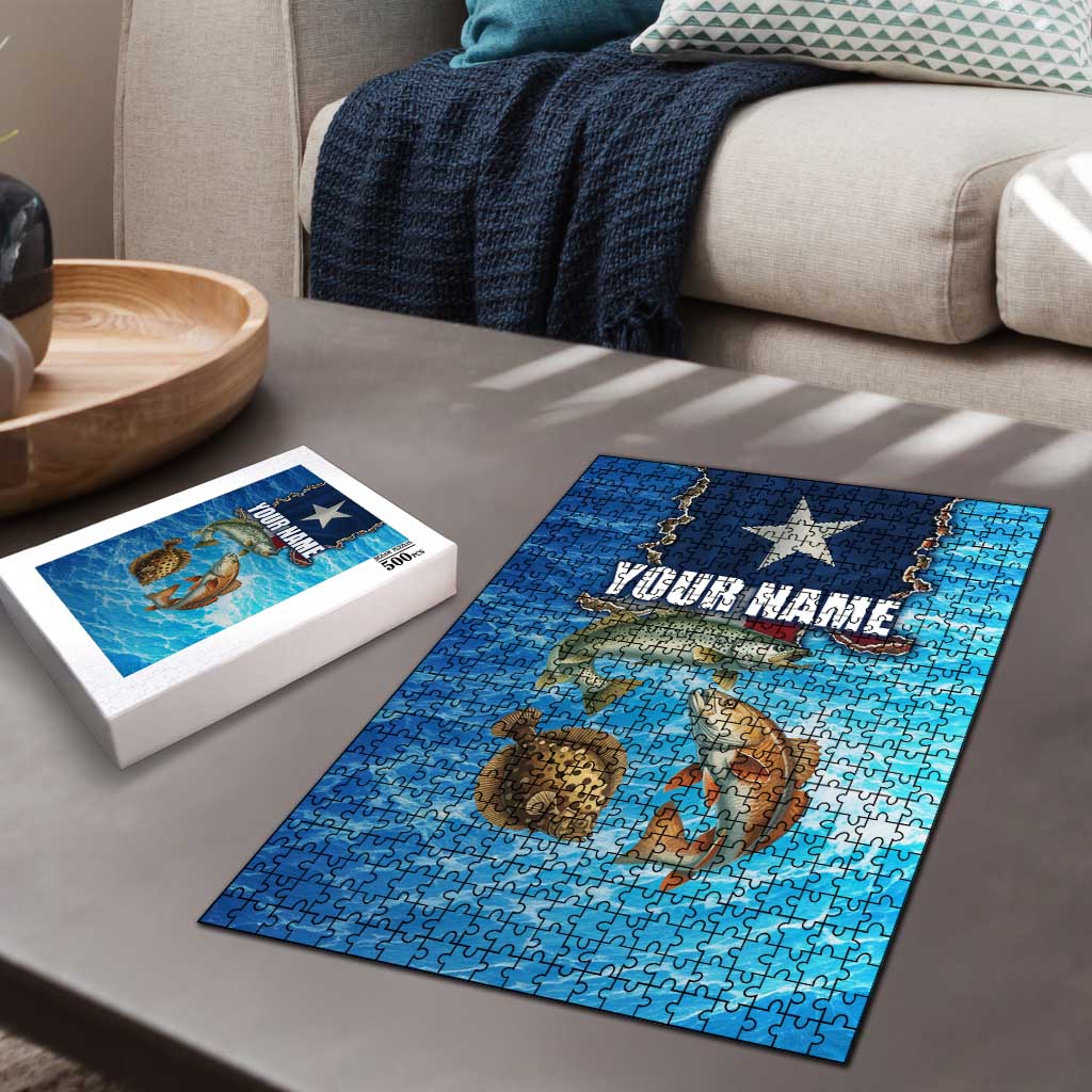 Texas Flag Fishing Puzzle with Ocean Fish Graphic and Blue Water Background - Wonder Print Shop