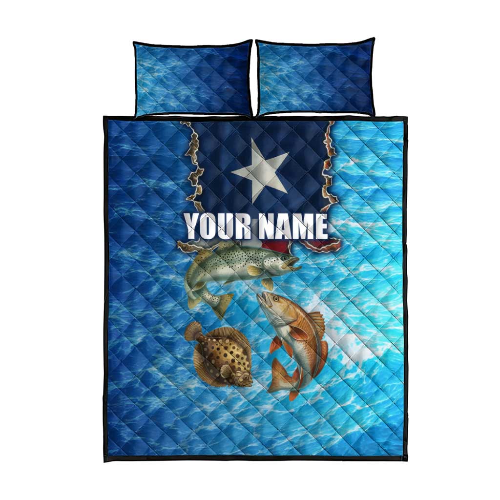 Texas Flag Fishing Quilt Bed Set with Ocean Fish Graphic and Blue Water Background - Wonder Print Shop