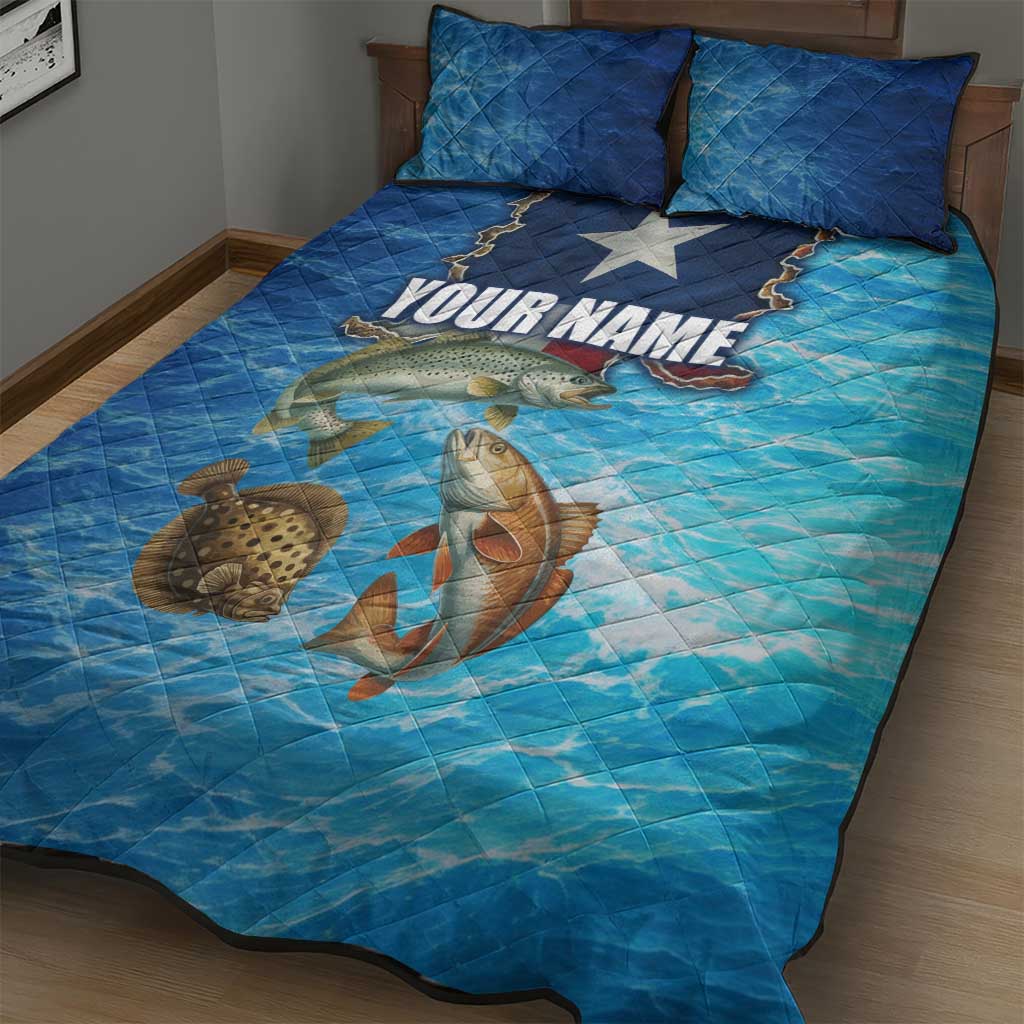 Texas Flag Fishing Quilt Bed Set with Ocean Fish Graphic and Blue Water Background - Wonder Print Shop