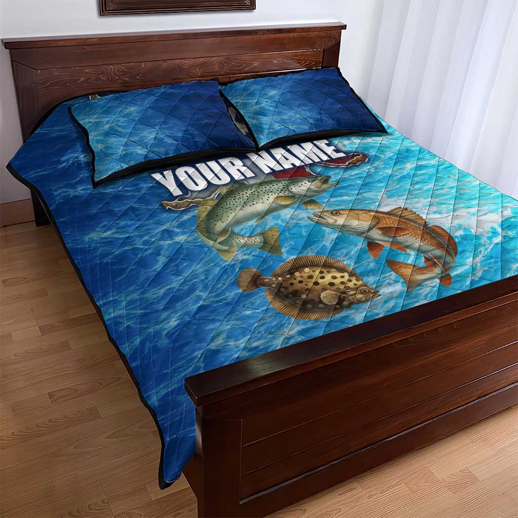 Texas Flag Fishing Quilt Bed Set with Ocean Fish Graphic and Blue Water Background - Wonder Print Shop