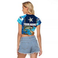 Texas Flag Fishing Raglan Cropped T Shirt with Ocean Fish Graphic and Blue Water Background - Wonder Print Shop
