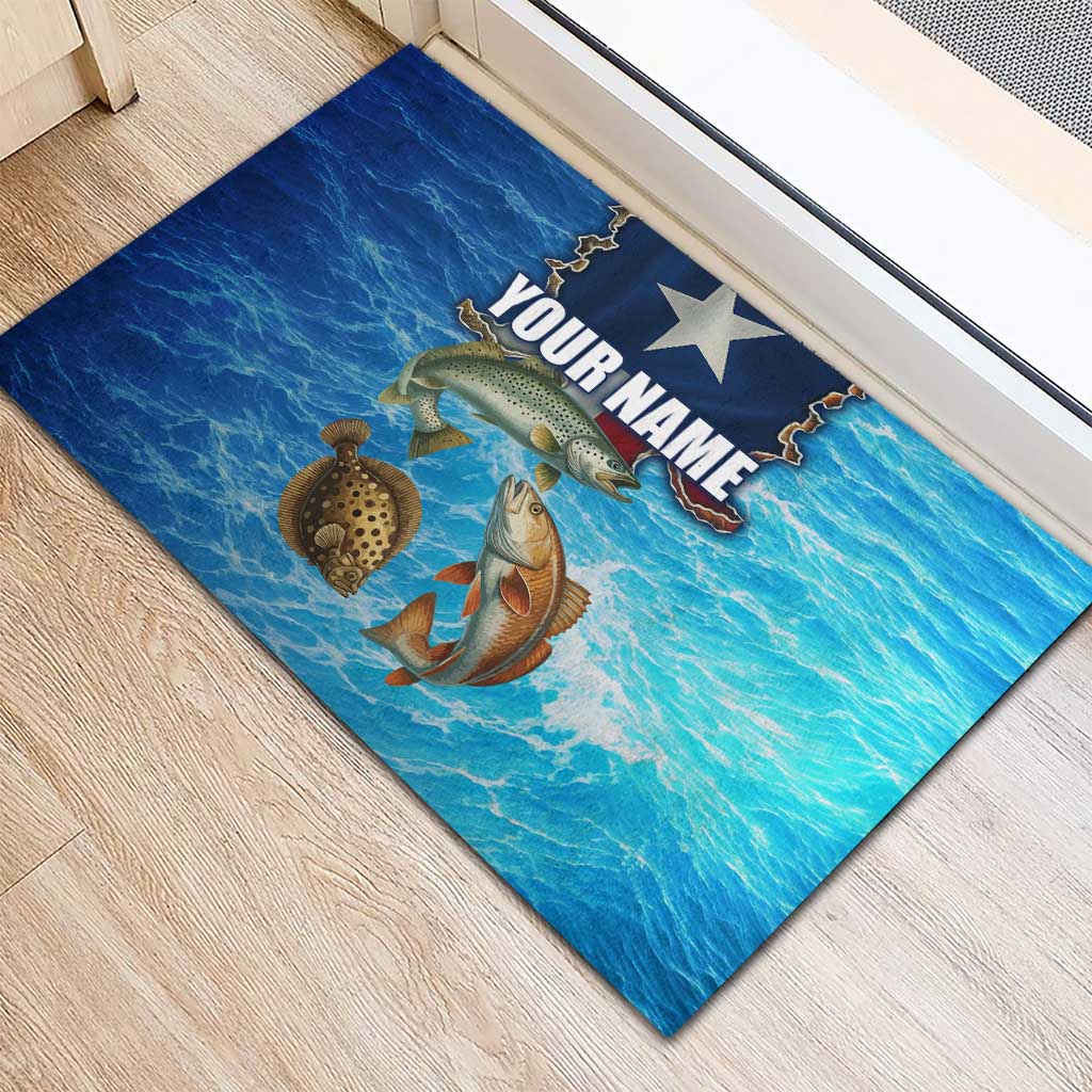 Texas Flag Fishing Rubber Doormat with Ocean Fish Graphic and Blue Water Background - Wonder Print Shop