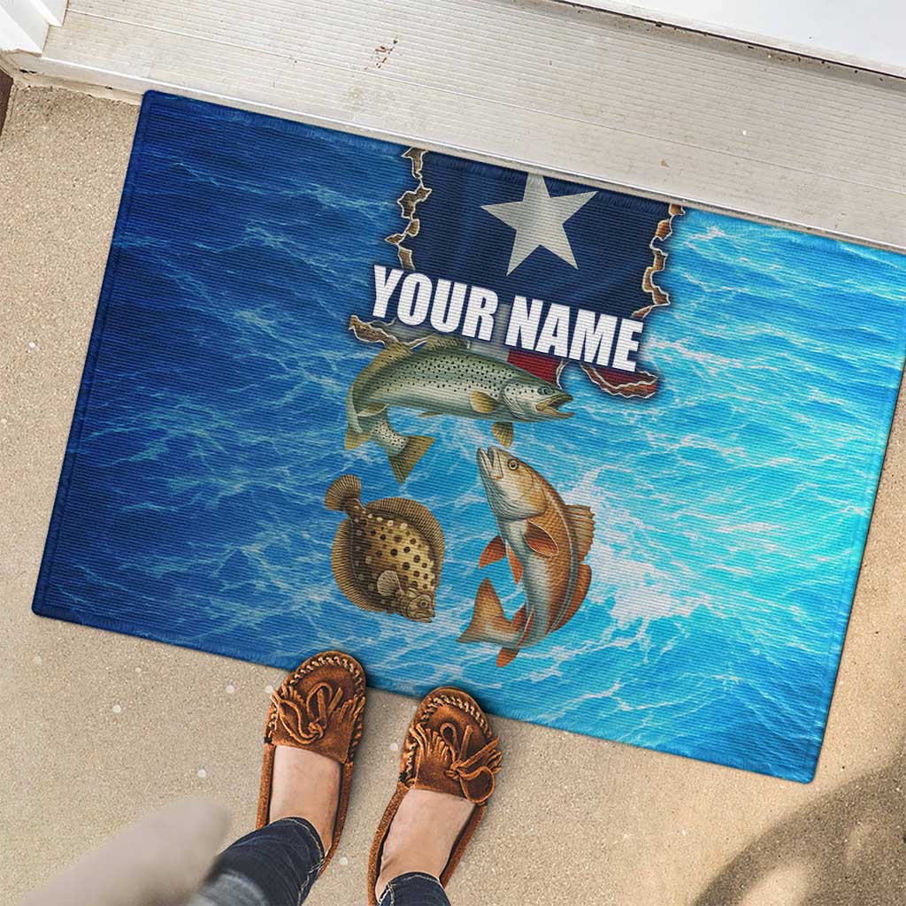 Texas Flag Fishing Rubber Doormat with Ocean Fish Graphic and Blue Water Background - Wonder Print Shop