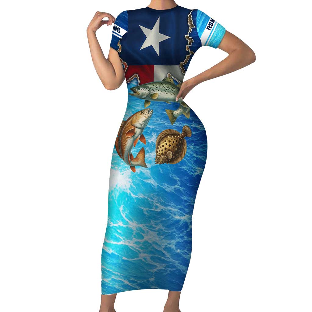 Texas Flag Fishing Short Sleeve Bodycon Dress with Ocean Fish Graphic and Blue Water Background - Wonder Print Shop