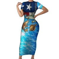 Texas Flag Fishing Short Sleeve Bodycon Dress with Ocean Fish Graphic and Blue Water Background - Wonder Print Shop
