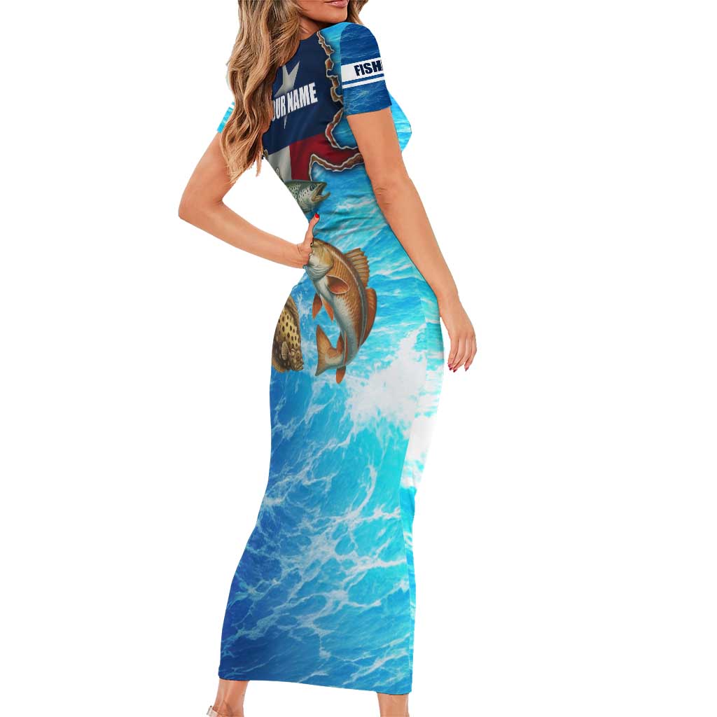 Texas Flag Fishing Short Sleeve Bodycon Dress with Ocean Fish Graphic and Blue Water Background - Wonder Print Shop