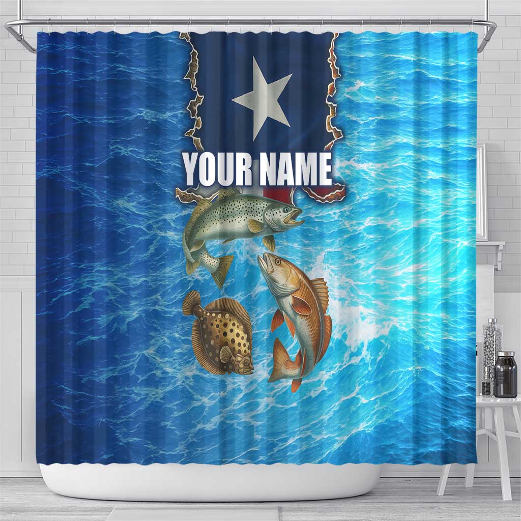 Texas Flag Fishing Shower Curtain with Ocean Fish Graphic and Blue Water Background - Wonder Print Shop