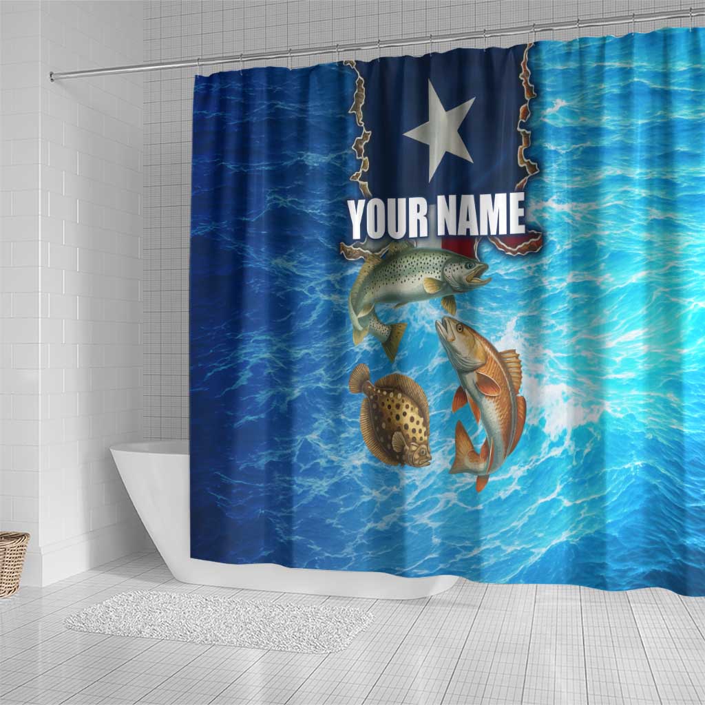 Texas Flag Fishing Shower Curtain with Ocean Fish Graphic and Blue Water Background - Wonder Print Shop