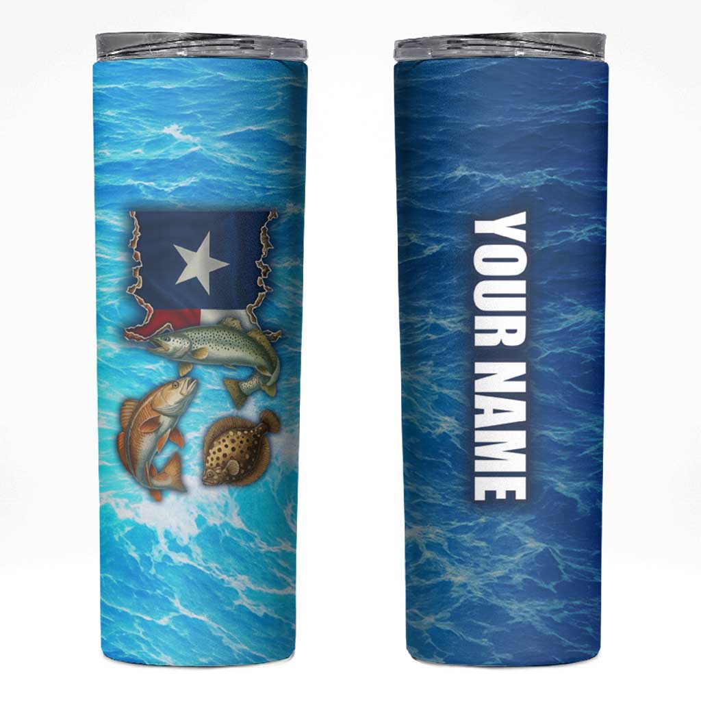 Texas Flag Fishing Skinny Tumbler with Ocean Fish Graphic and Blue Water Background - Wonder Print Shop