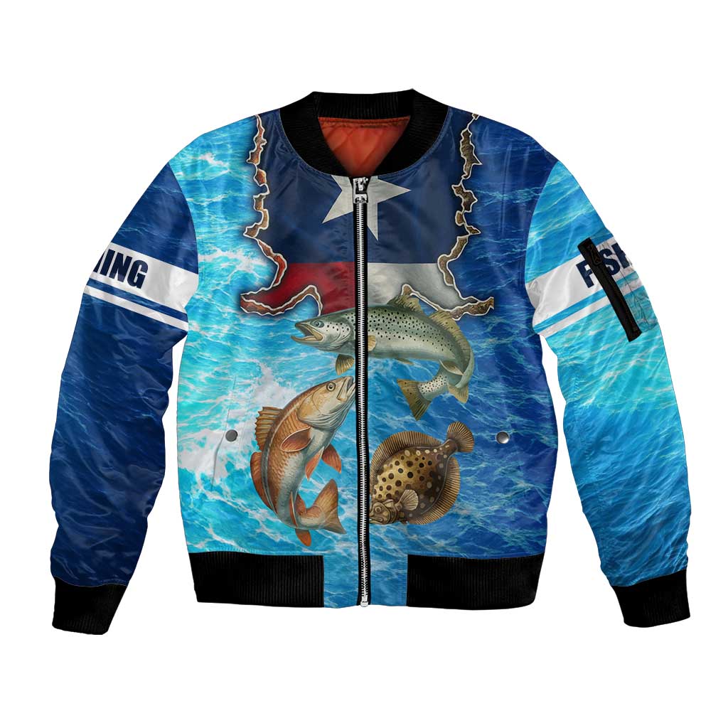 Texas Flag Fishing Sleeve Zip Bomber Jacket with Ocean Fish Graphic and Blue Water Background - Wonder Print Shop
