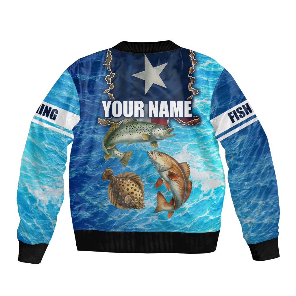 Texas Flag Fishing Sleeve Zip Bomber Jacket with Ocean Fish Graphic and Blue Water Background - Wonder Print Shop