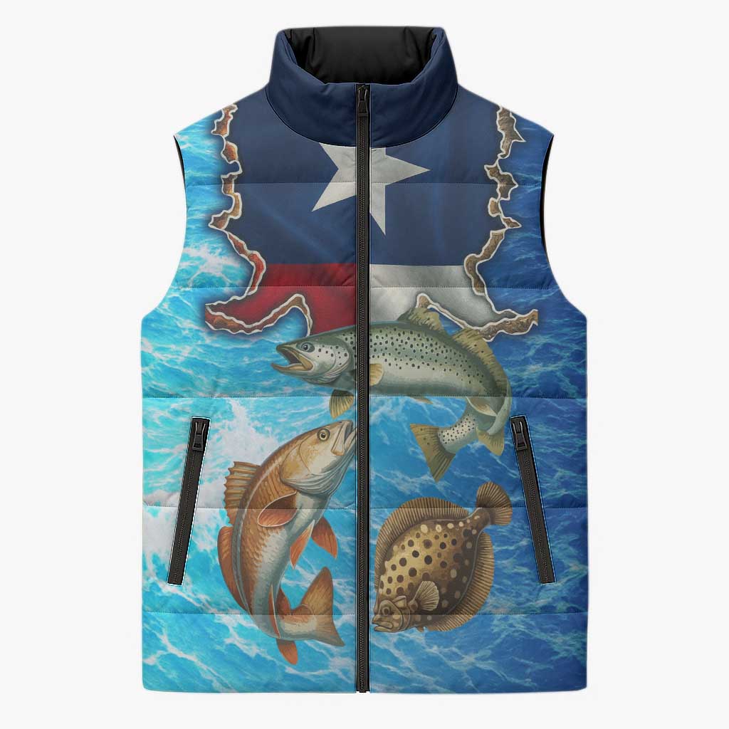 Texas Flag Fishing Sleeveless Puffer Jacket with Ocean Fish Graphic and Blue Water Background - Wonder Print Shop